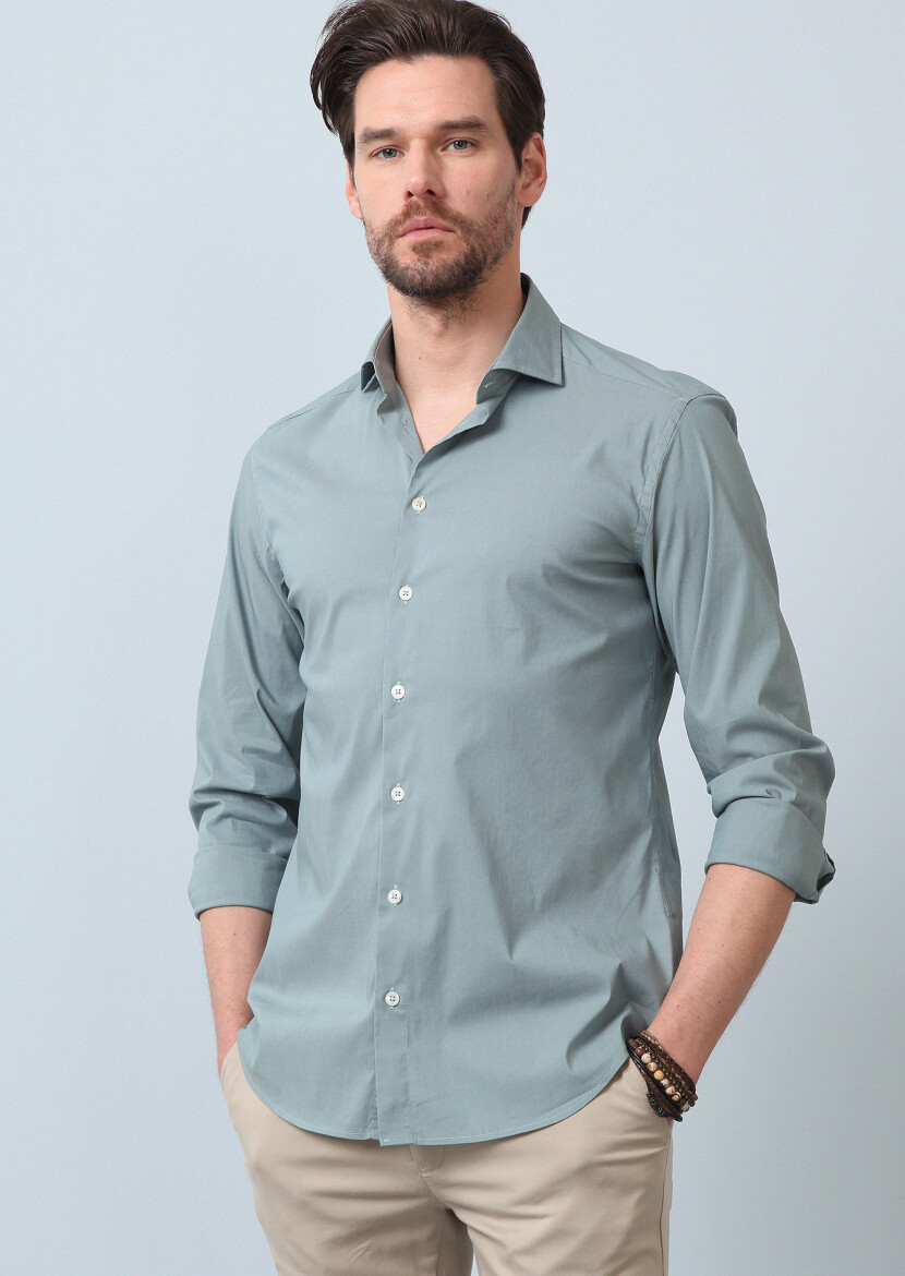 Su Yeşili Düz Regular Fit Uzun Dokuma Casual Pamuk Karışımlı Gömlek - 3