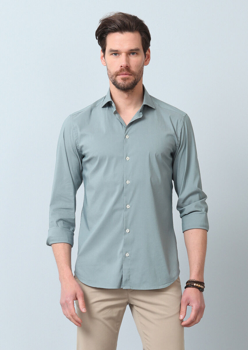 Su Yeşili Düz Regular Fit Uzun Dokuma Casual Pamuk Karışımlı Gömlek - 5