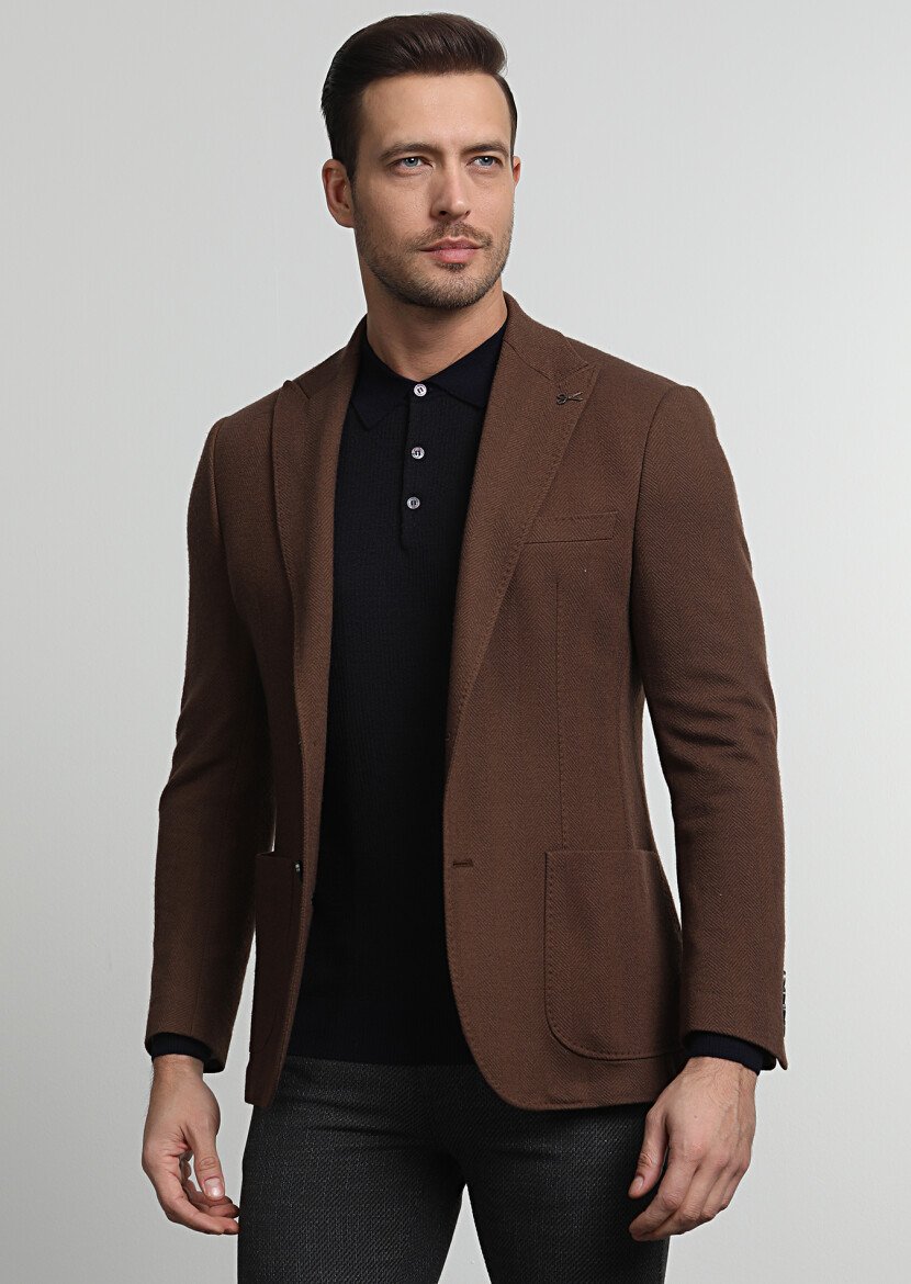 Tarçın Desenli Zeroweight Slim Fit Yün Karışımlı Örme Ceket - 1