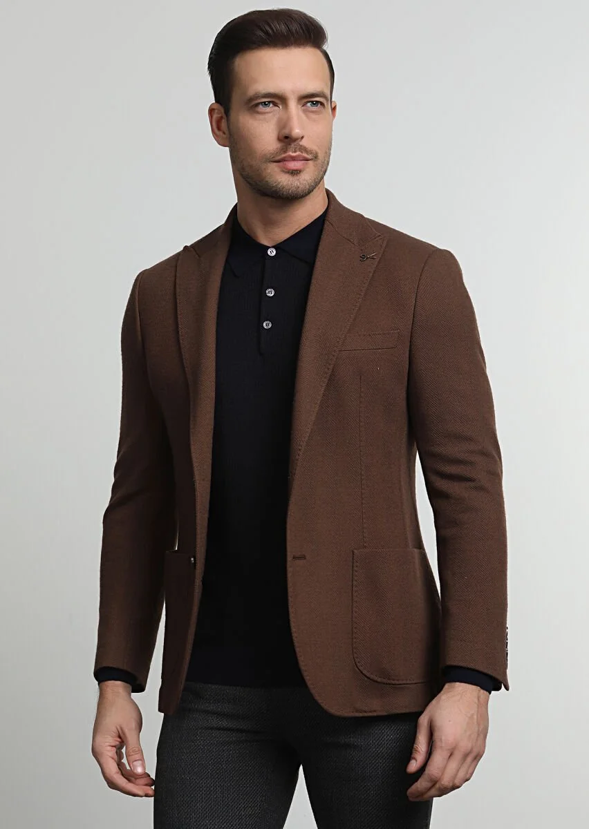 Tarçın Desenli Zeroweight Slim Fit Yün Karışımlı Örme Ceket - 1