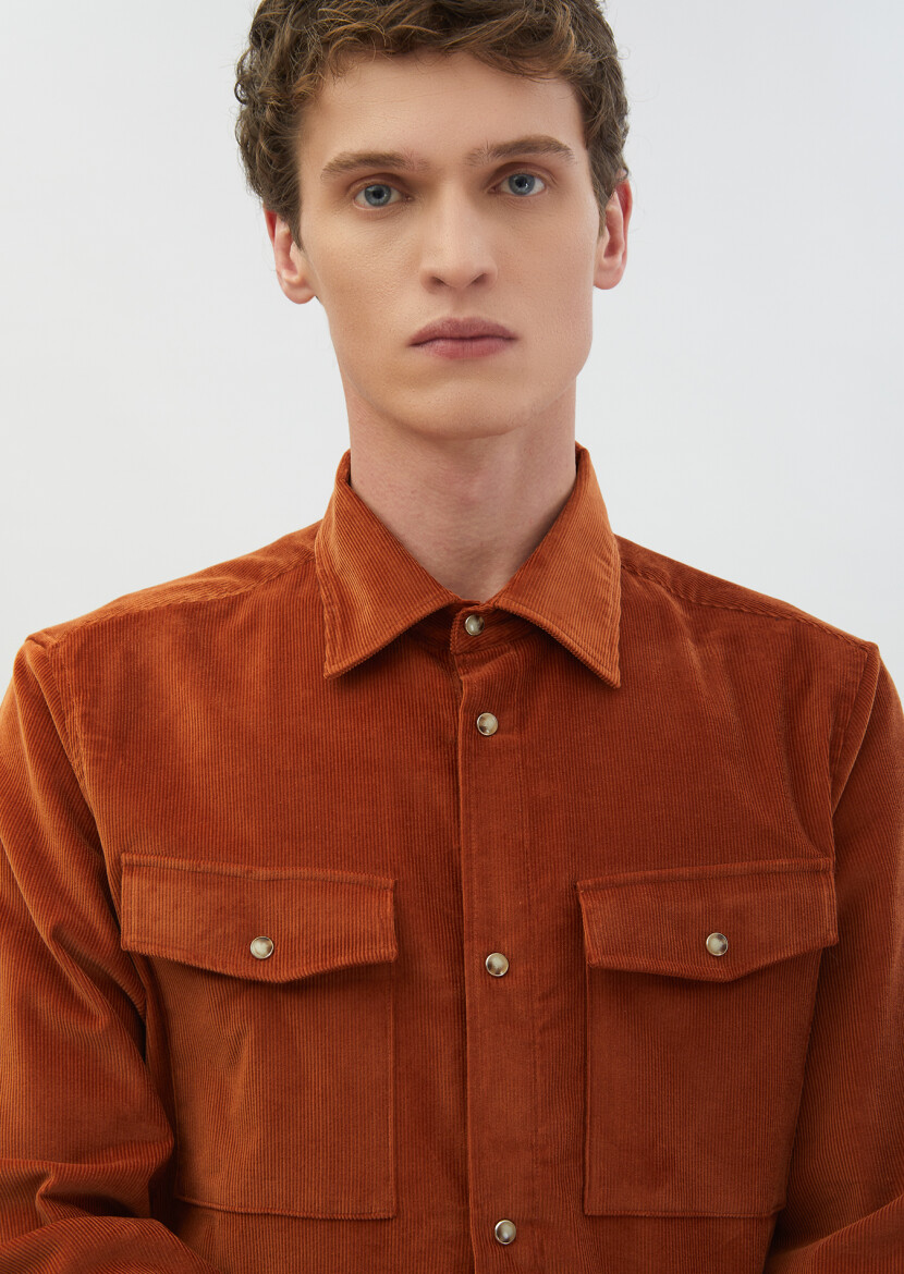 Tarçın Fitilli Casual Fit Uzun Dokuma Kadife Pamuk Karışımlı Overshırt - 3
