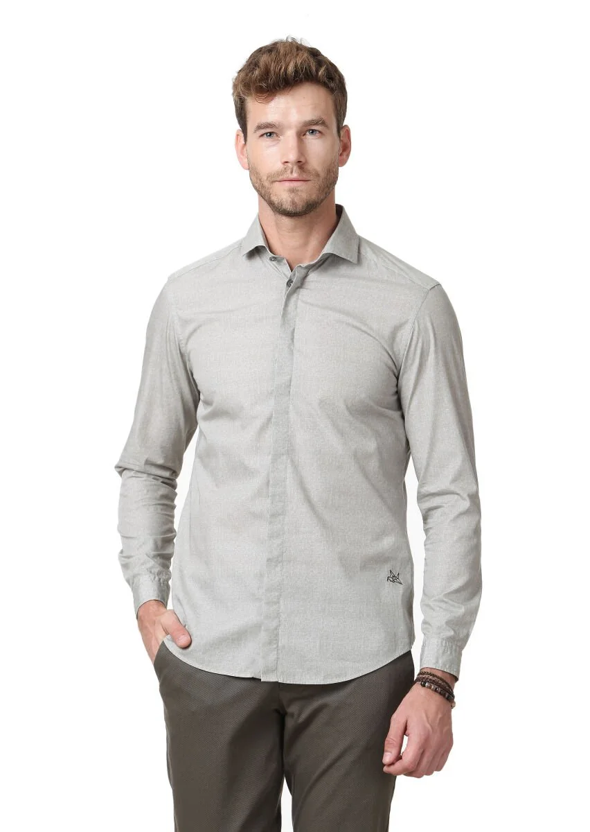 Taş Baskılı Slim Fit Dokuma Casual %100 Pamuk Gömlek - 1