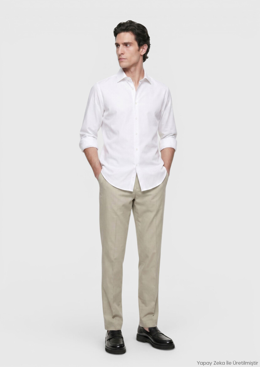 Taş Düz Casual Fit Uzun Dokuma Casual %100 Pamuk Gömlek - RAMSEY