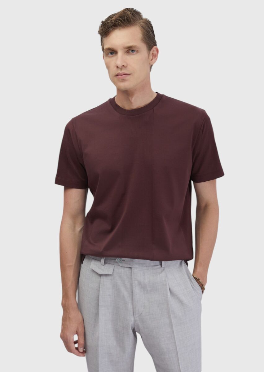 Tile Red Jacquard Crew Neck 100% Cotton T-Shirt - 1