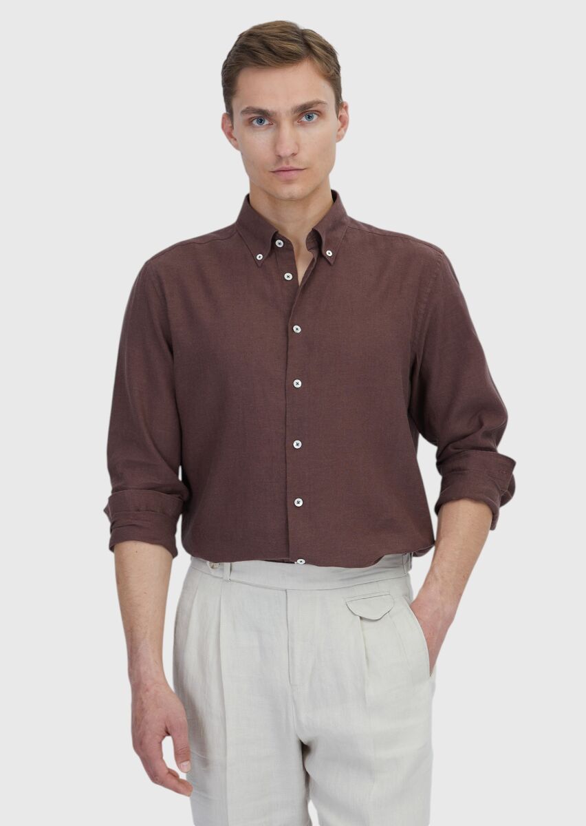 Tile Red Plain Casual Fit Long Weaving Casual Cotton Blended Shirt - 1