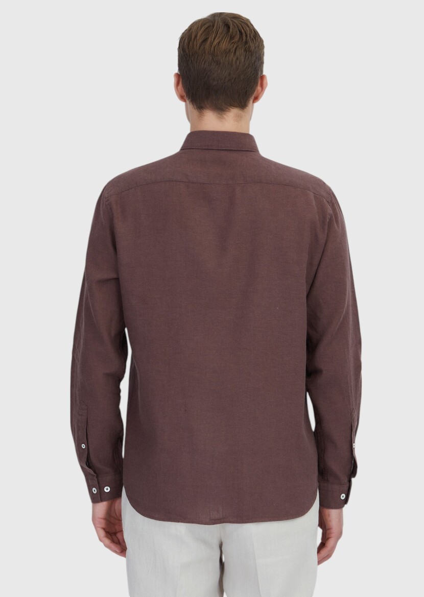 Tile Red Plain Casual Fit Long Weaving Casual Cotton Blended Shirt - 5