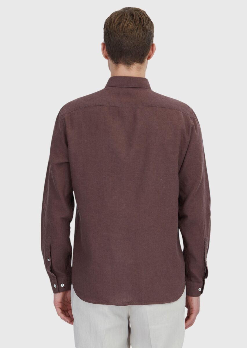 Tile Red Plain Casual Fit Long Weaving Casual Cotton Blended Shirt - 5