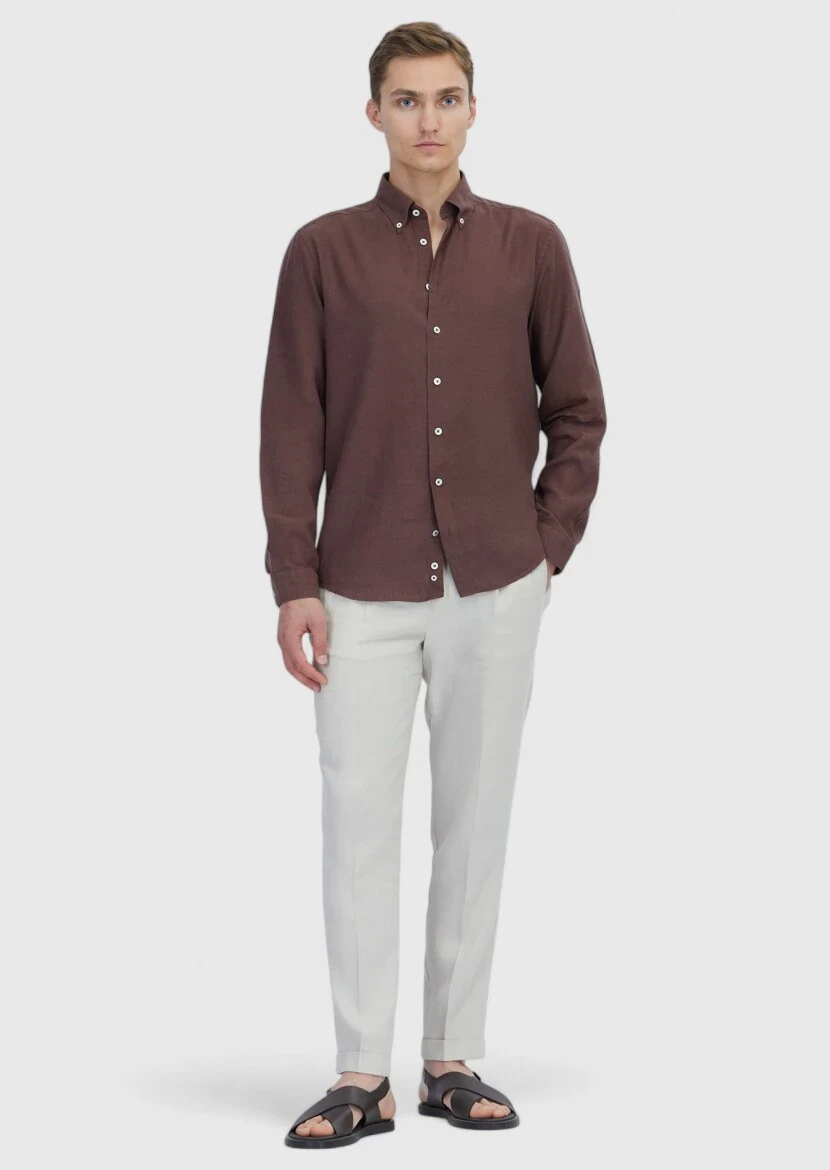 Tile Red Plain Casual Fit Weaving Casual Cotton Blended Shirt 