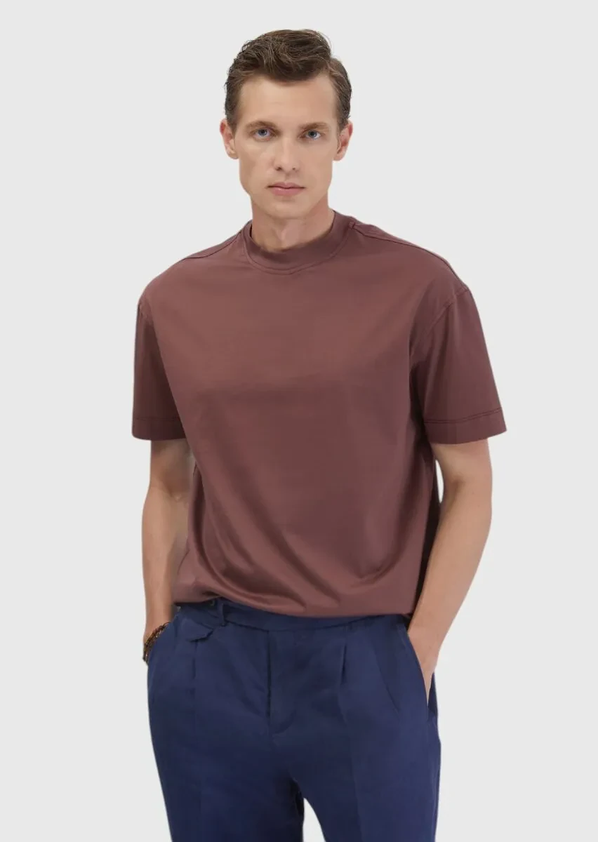 Tile Red Plain Crew Neck 100% Cotton T-Shirt - 1