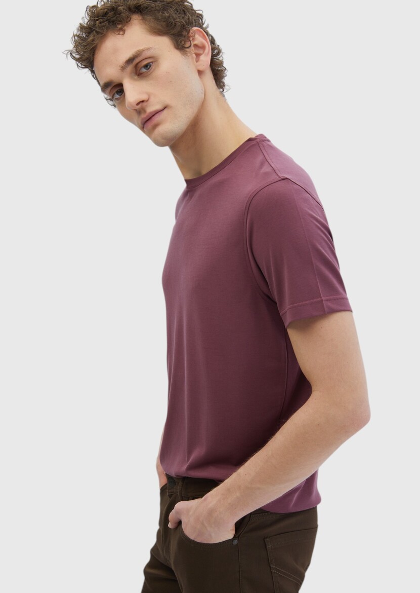 Tile Red Plain Crew Neck T-Shirt - 4