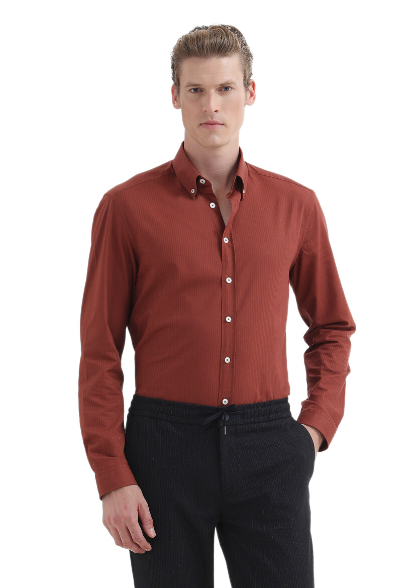 Tile Red Plain Regular Fit Long Weaving Casual 100% Cotton Shirt - 1