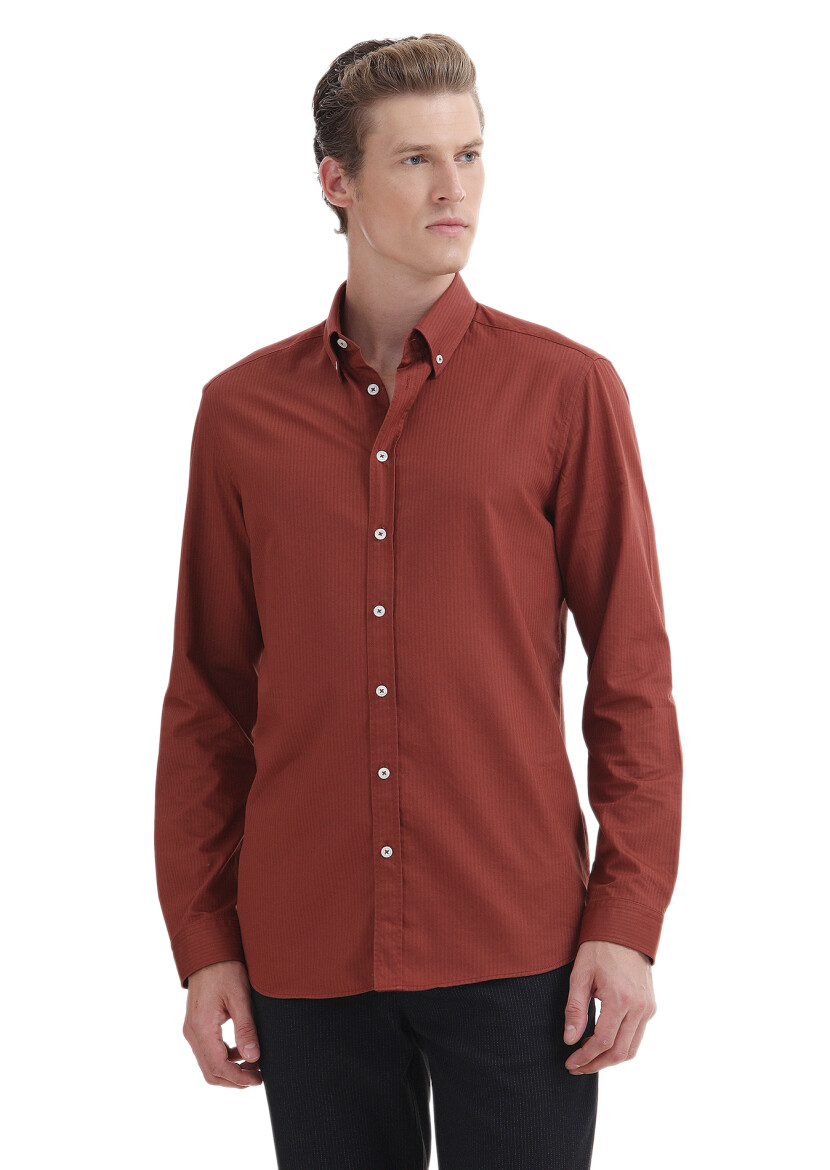 Tile Red Plain Regular Fit Long Weaving Casual 100% Cotton Shirt - 3