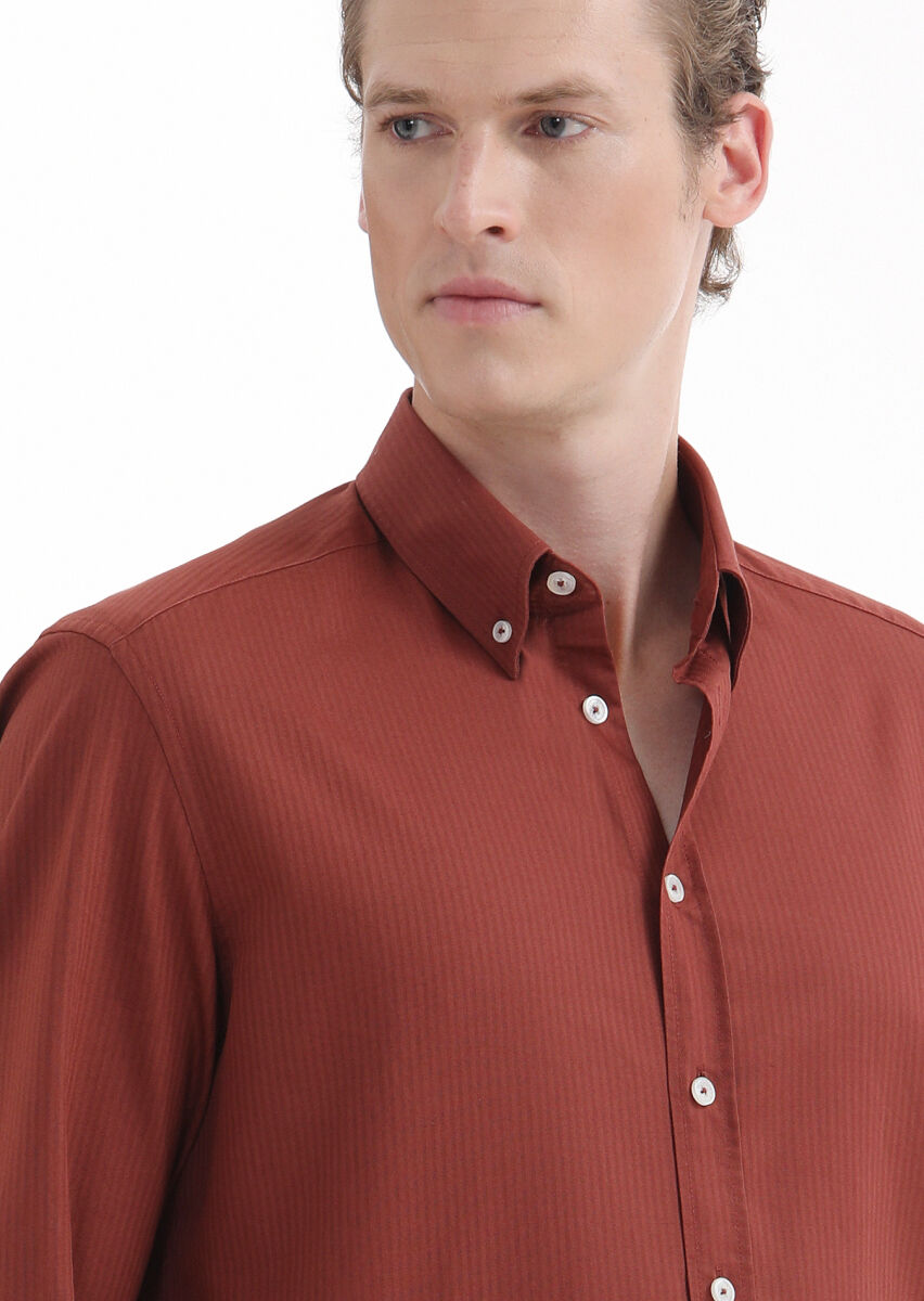 Tile Red Plain Regular Fit Long Weaving Casual 100% Cotton Shirt - 4