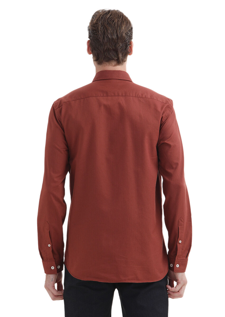 Tile Red Plain Regular Fit Long Weaving Casual 100% Cotton Shirt - 5