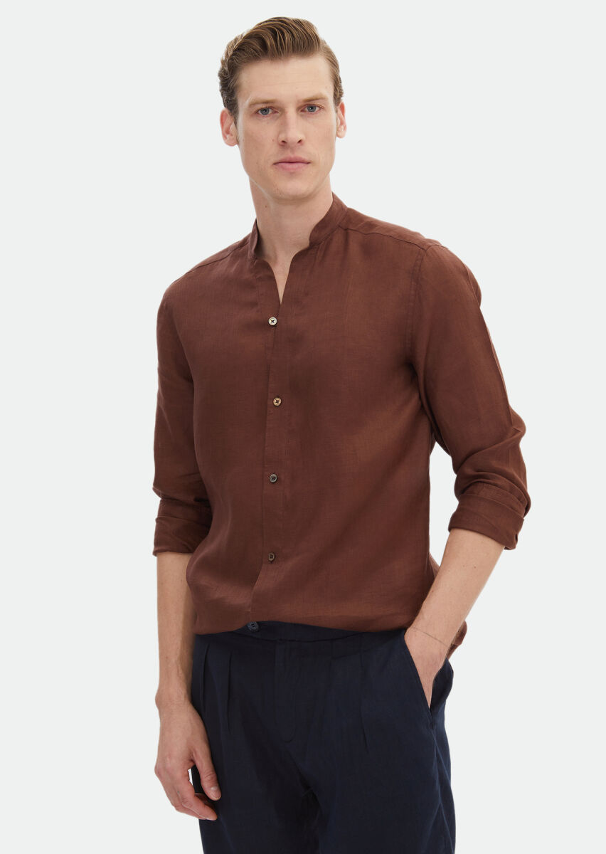 Tile Red Plain Regular Fit Long Weaving Casual 100% Linen Shirt - 1