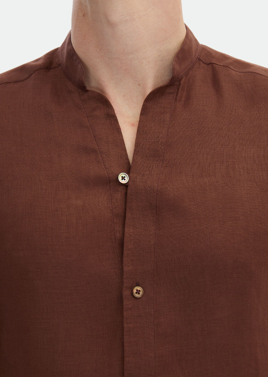 Tile Red Plain Regular Fit Long Weaving Casual 100% Linen Shirt - 5