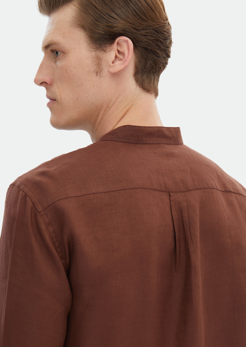 Tile Red Plain Regular Fit Long Weaving Casual 100% Linen Shirt - 6