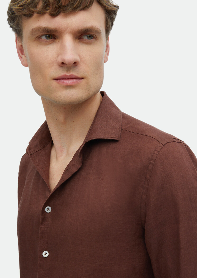 Tile Red Plain Regular Fit Long Weaving Casual 100% Linen Shirt - 4