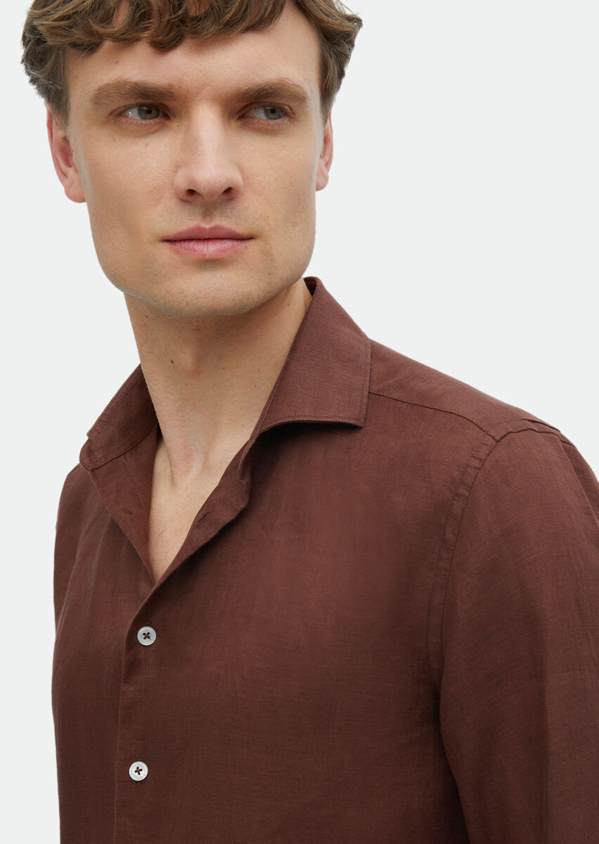 Tile Red Plain Regular Fit Long Weaving Casual 100% Linen Shirt - 4