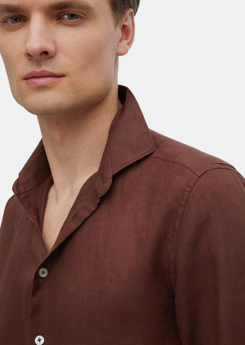 Tile Red Plain Regular Fit Long Weaving Casual 100% Linen Shirt - 5