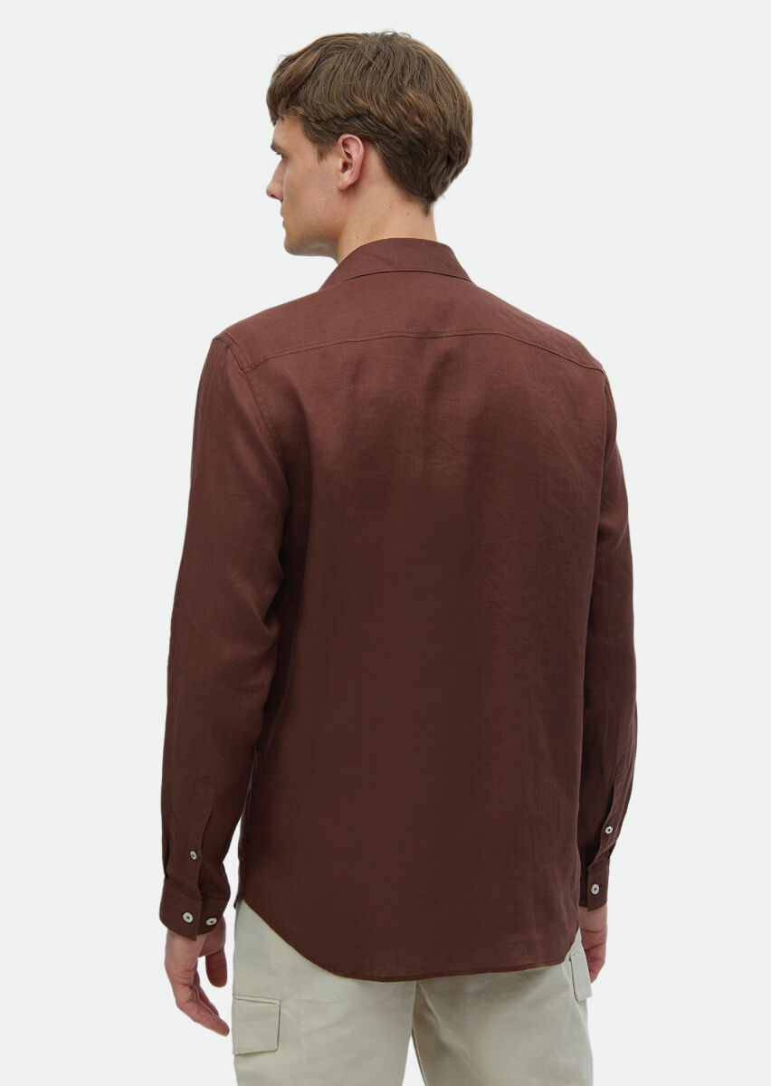 Tile Red Plain Regular Fit Long Weaving Casual 100% Linen Shirt - 6