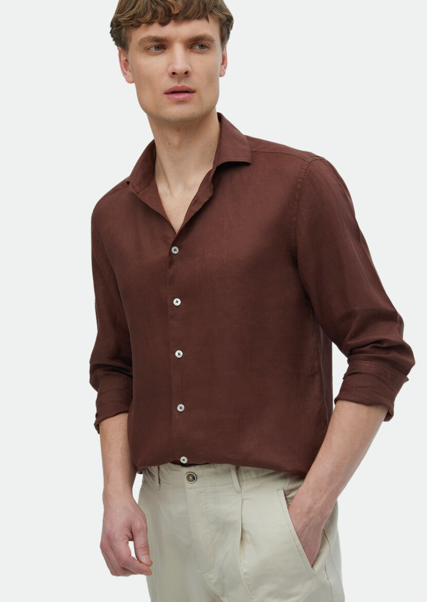 Tile Red Plain Regular Fit Weaving Casual 100% Linen Shirt 