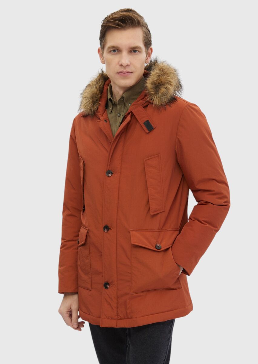 Tile Red Regular Fit Hooded Casual Weaving Coat - 1