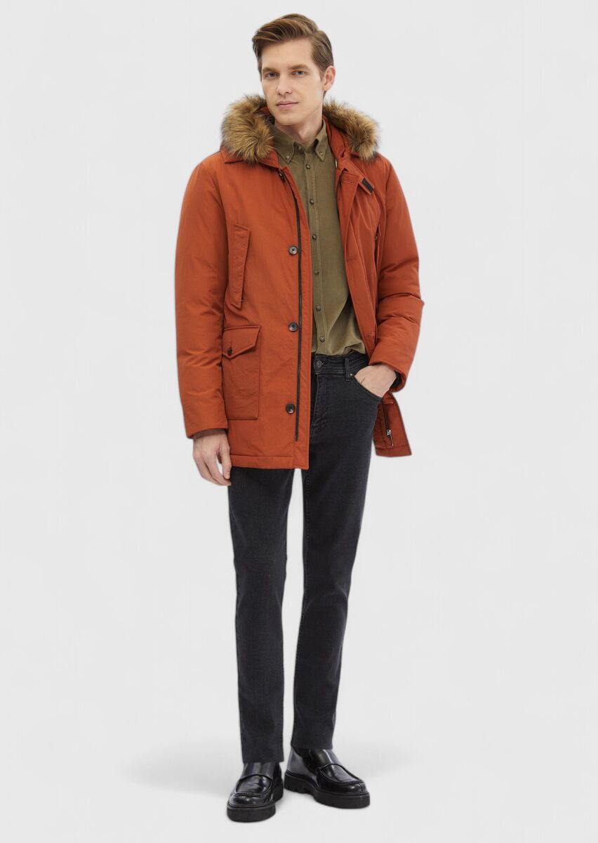 Tile Red Regular Fit Hooded Casual Weaving Coat - 2