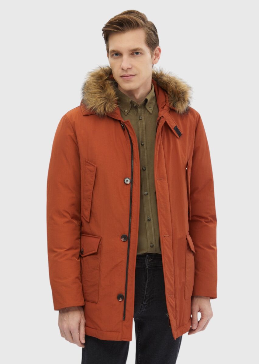 Tile Red Regular Fit Hooded Casual Weaving Coat - 3