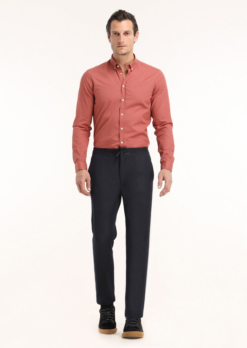 Tile Red Ribbed Regular Fit Long Weaving Casual 100% Cotton Shirt - 1