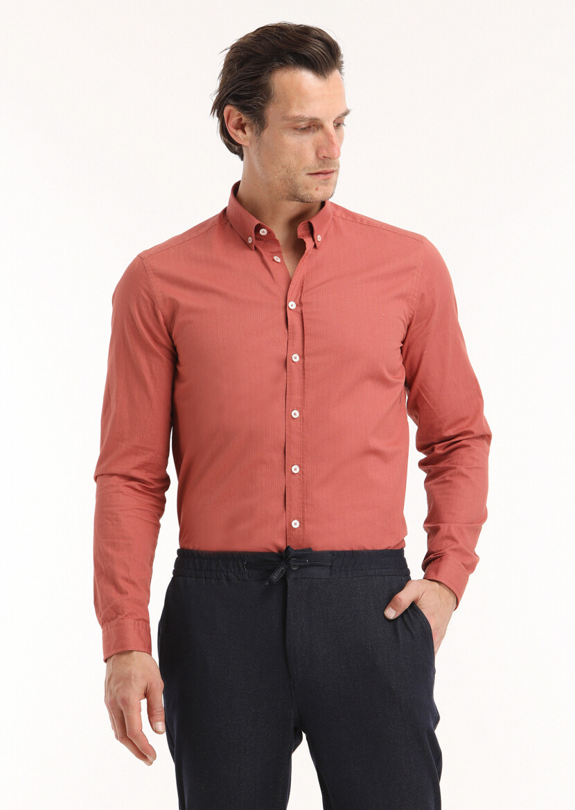 Tile Red Ribbed Regular Fit Long Weaving Casual 100% Cotton Shirt 