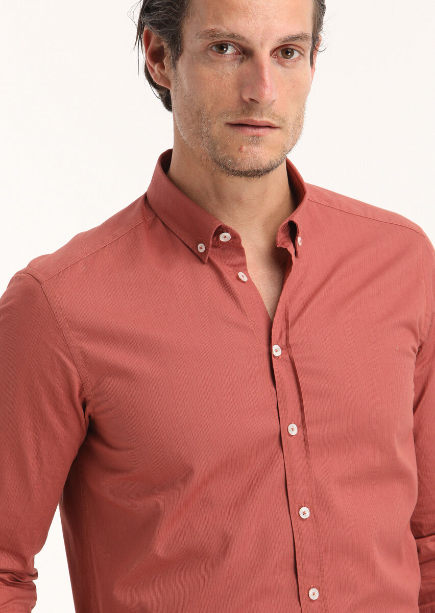 Tile Red Ribbed Regular Fit Long Weaving Casual 100% Cotton Shirt - 3