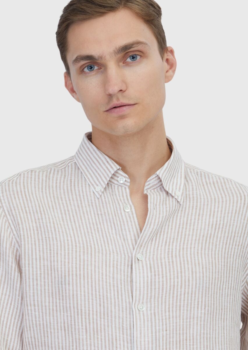 Tile Red Striped Casual Fit Long Weaving Casual 100% Linen Shirt - 4