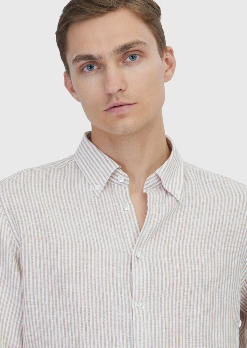 Tile Red Striped Casual Fit Weaving Casual 100% Linen Shirt - 4
