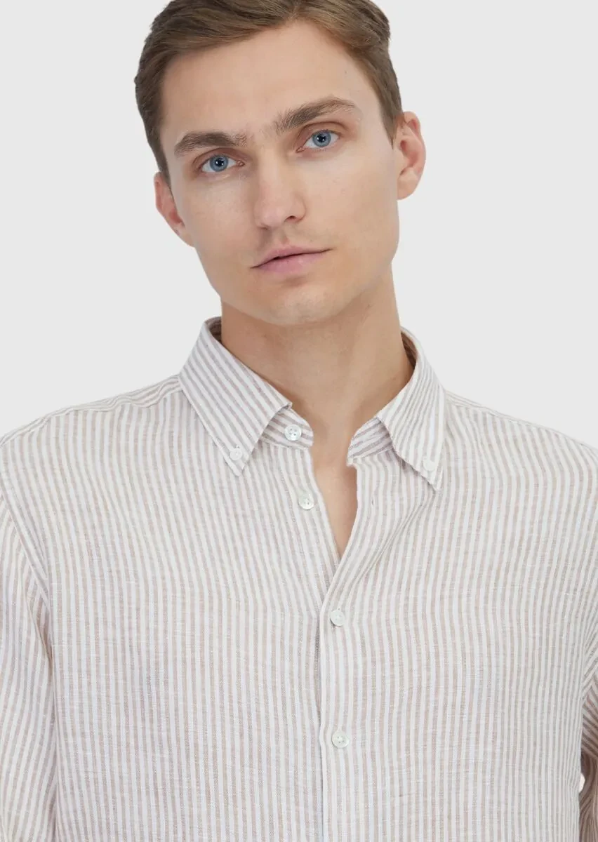 Tile Red Striped Casual Fit Weaving Casual 100% Linen Shirt - 4