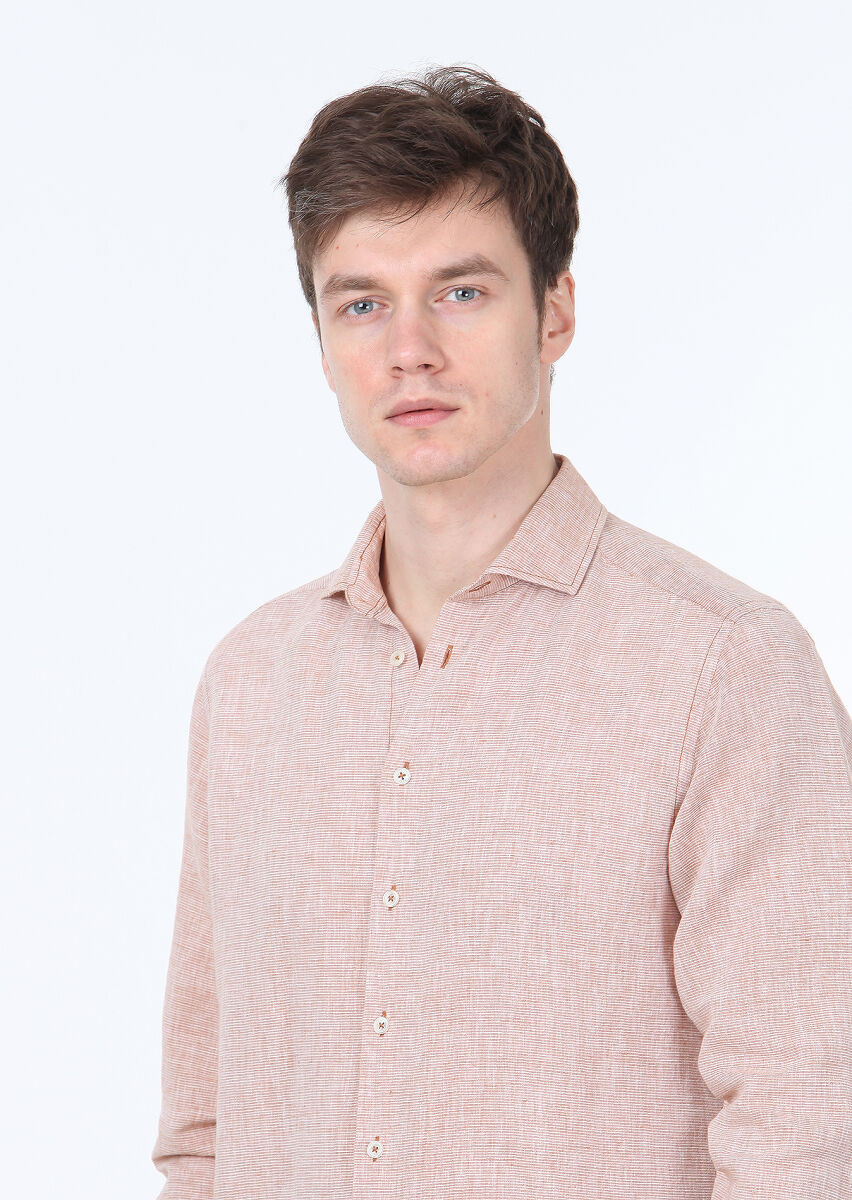 Tile Red Striped Regular Fit Long Weaving Casual Cotton Blended Shirt - 3