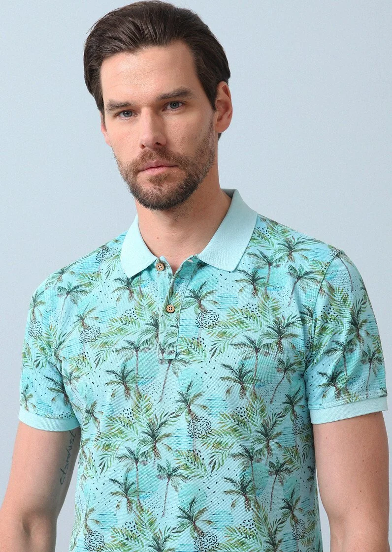 Turkuaz Baskılı Polo Yaka %100 Pamuk T-Shirt - 1