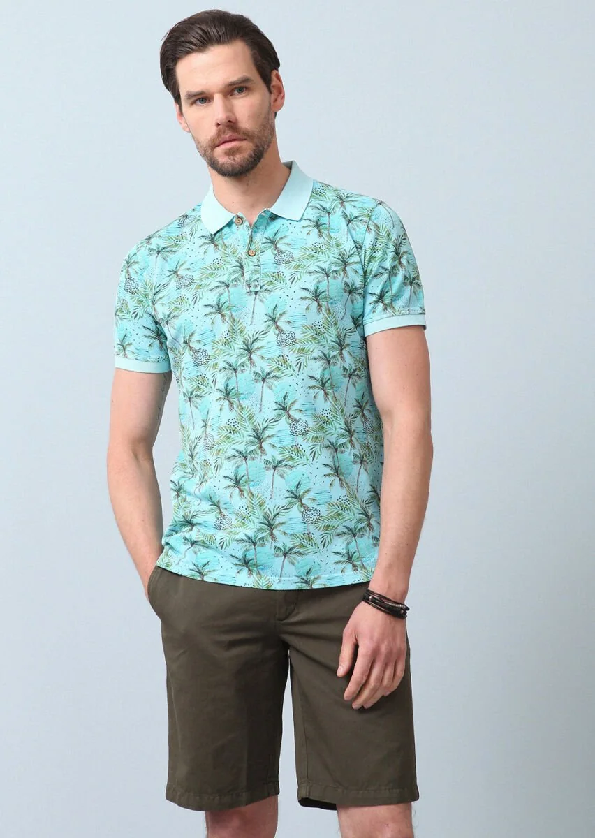Turkuaz Baskılı Polo Yaka %100 Pamuk T-Shirt - 3