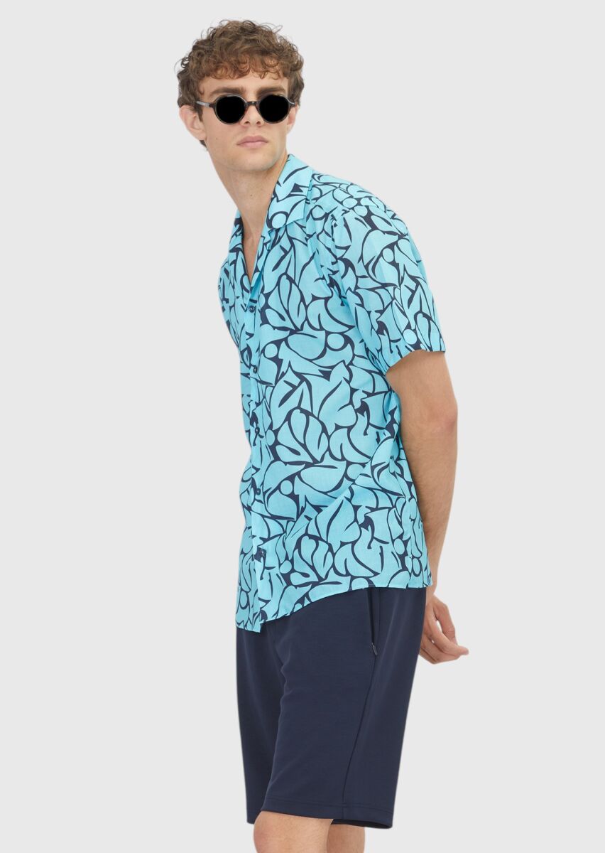 Turkuaz Baskılı Regular Fit Kısa Dokuma Casual %100 Pamuk Gömlek - 1