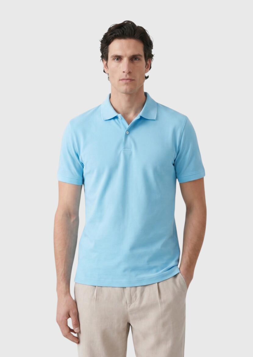 Turkuaz Düz %100 Pamuk T-Shirt - 1