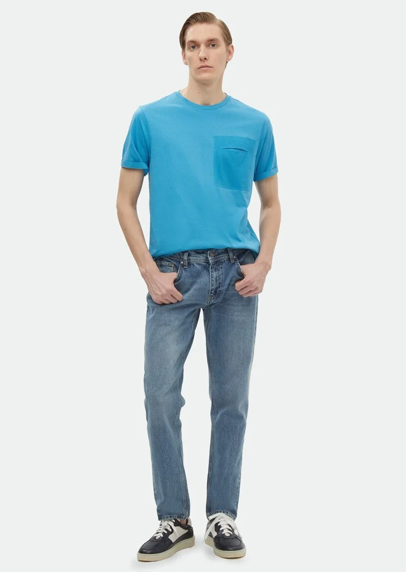 Turkuaz Düz Bisiklet Yaka %100 Pamuk T-Shirt 