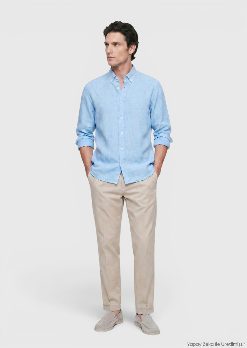 Turkuaz Düz Casual Fit Uzun Dokuma Casual %100 Keten Gömlek - RAMSEY