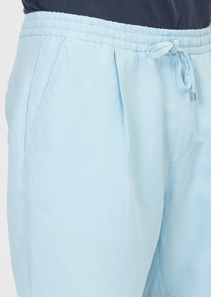 Turkuaz Düz Dokuma Jogging Fit Casual Keten Karışımlı Bermuda - 3