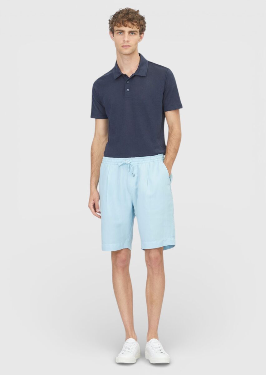 Turkuaz Düz Dokuma Jogging Fit Casual Keten Karışımlı Bermuda - 1