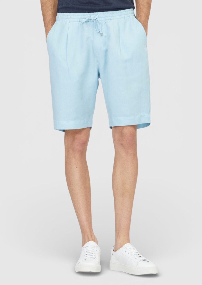 Turkuaz Düz Dokuma Jogging Fit Casual Keten Karışımlı Bermuda 