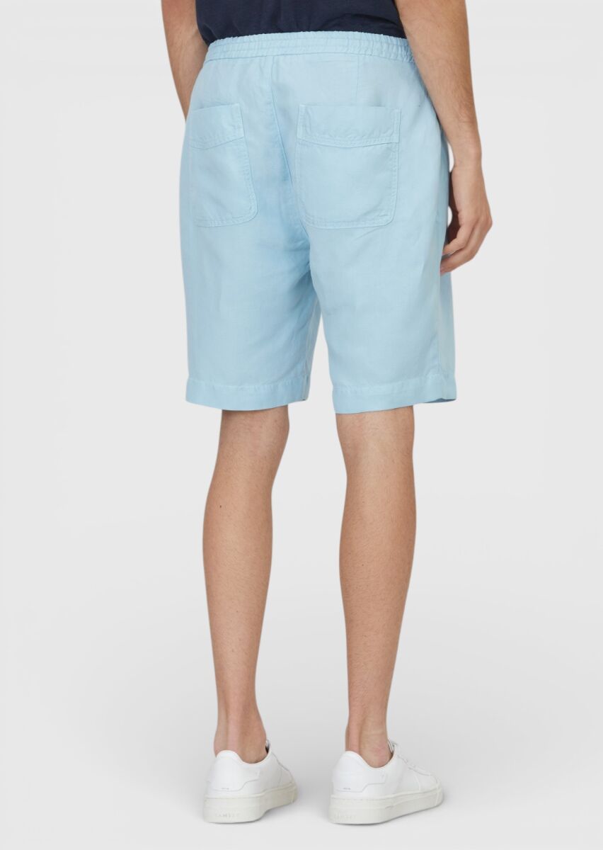 Turkuaz Düz Dokuma Jogging Fit Casual Keten Karışımlı Bermuda - 4