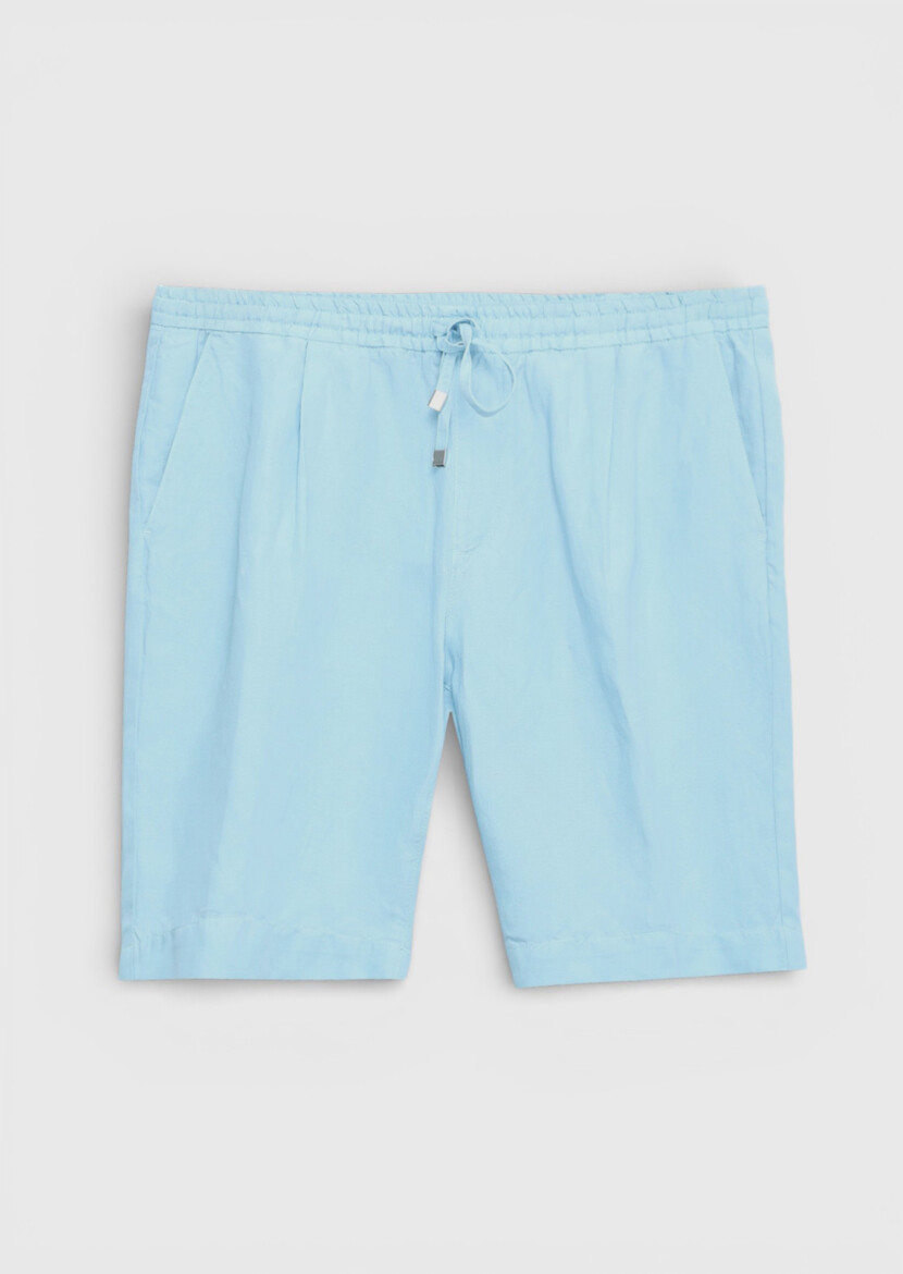 Turkuaz Düz Dokuma Jogging Fit Casual Keten Karışımlı Bermuda - 5