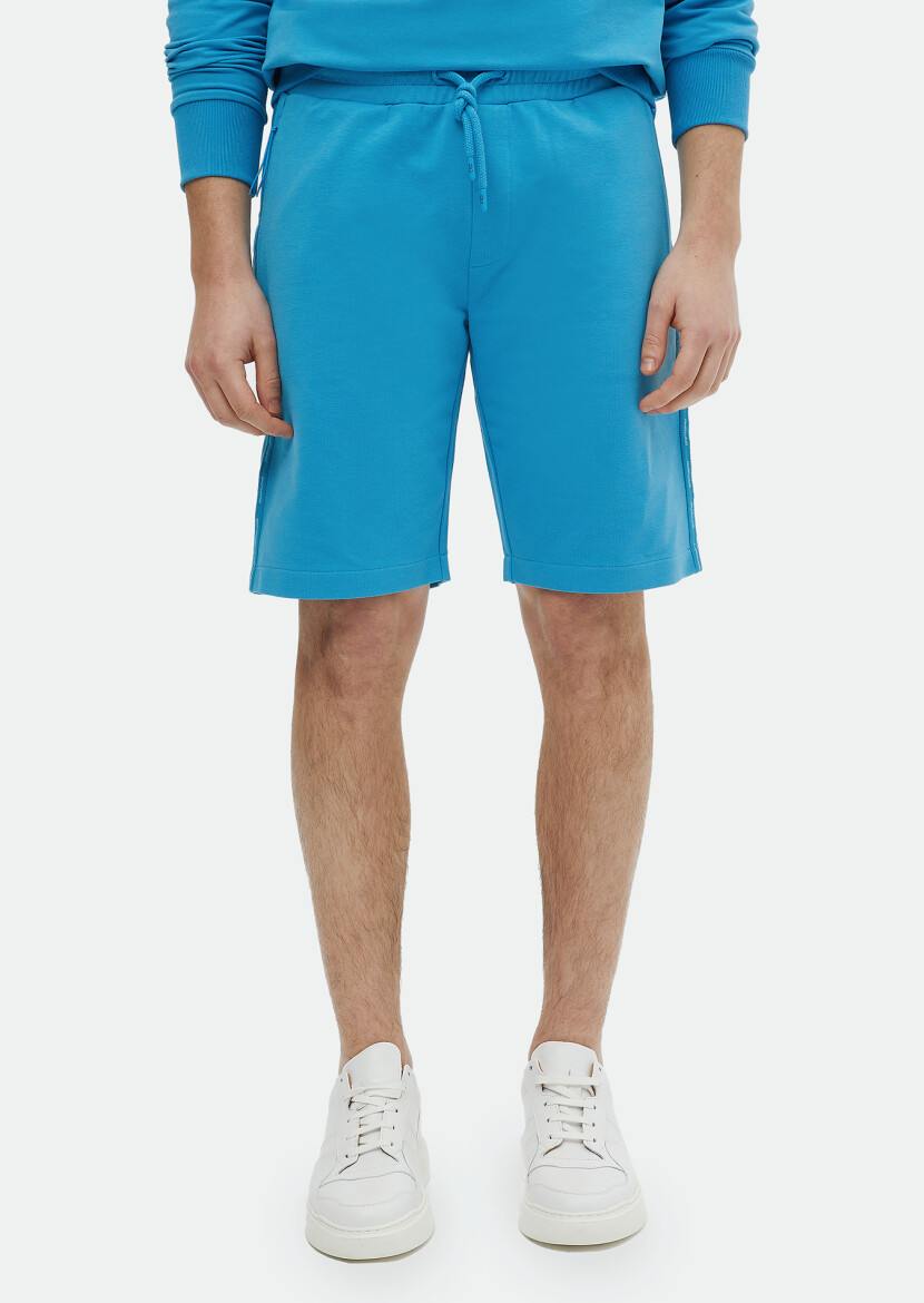 Turkuaz Düz Örme Jogging Fit Spor Pamuk Karışımlı Bermuda 