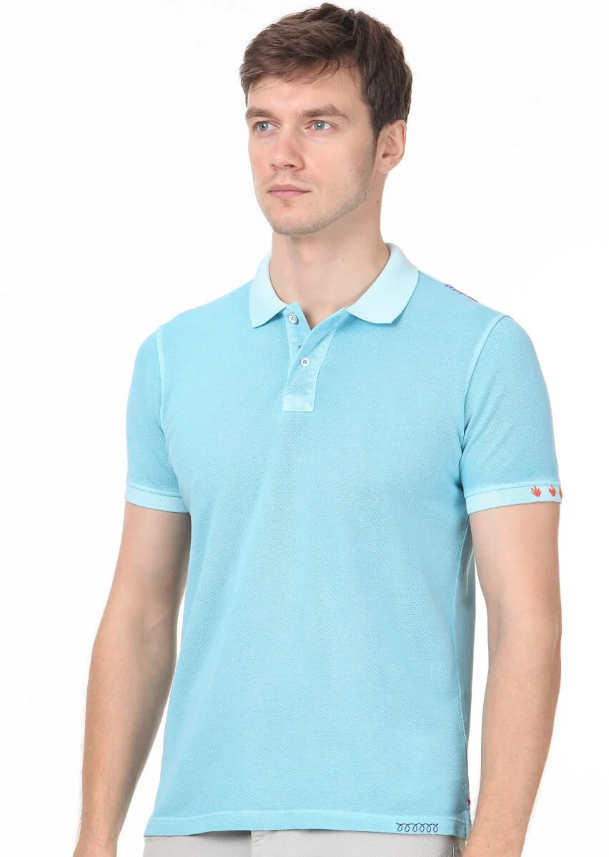Turkuaz Düz Polo Yaka %100 Pamuk T-Shirt - 2