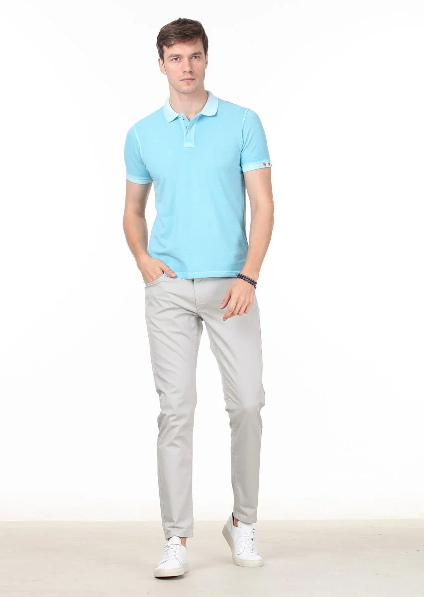 Turkuaz Düz Polo Yaka %100 Pamuk T-Shirt - 3